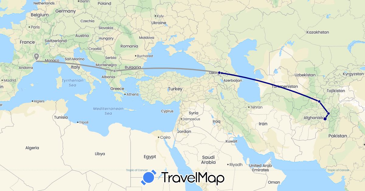 TravelMap itinerary: driving, plane in Afghanistan, France, Georgia, Macedonia (Asia, Europe)